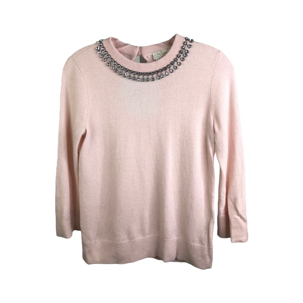 Kate Spade Women's Sz XS Sweater Wool‎ Cashmere Pink Crew Neck Gemstone Neckline